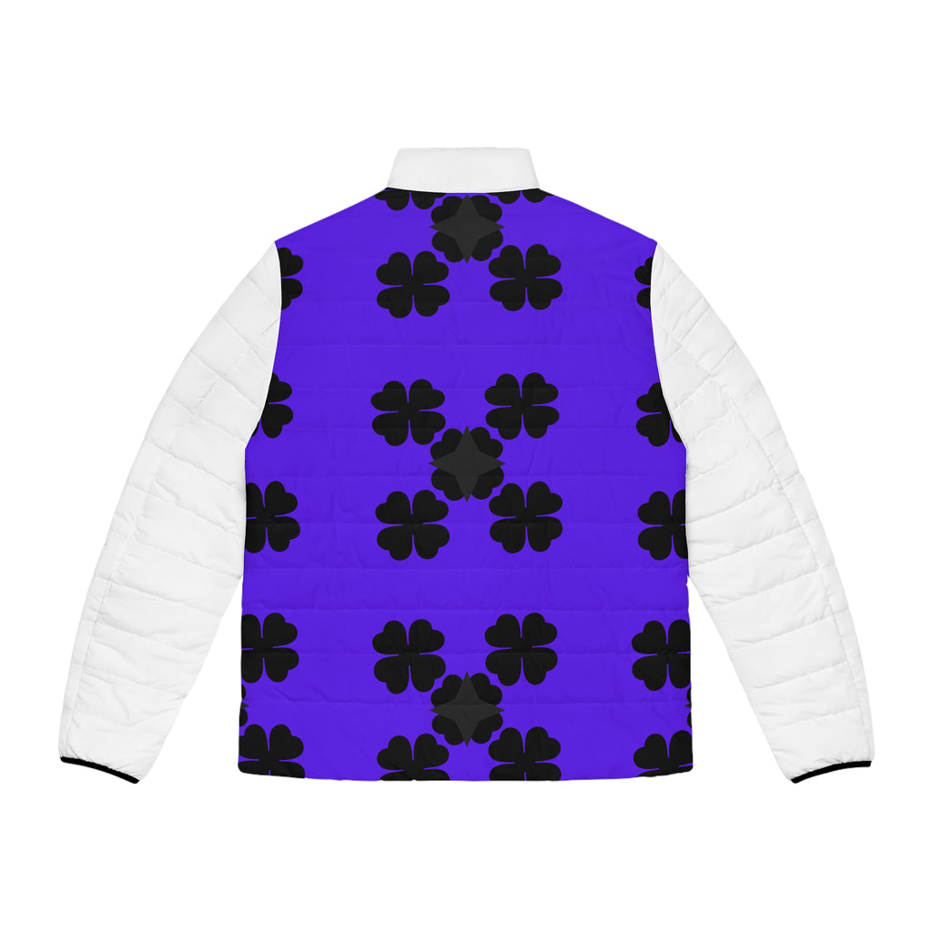 Men's Purple Clover Puffer Jacket — Black Four-Leaf Pattern