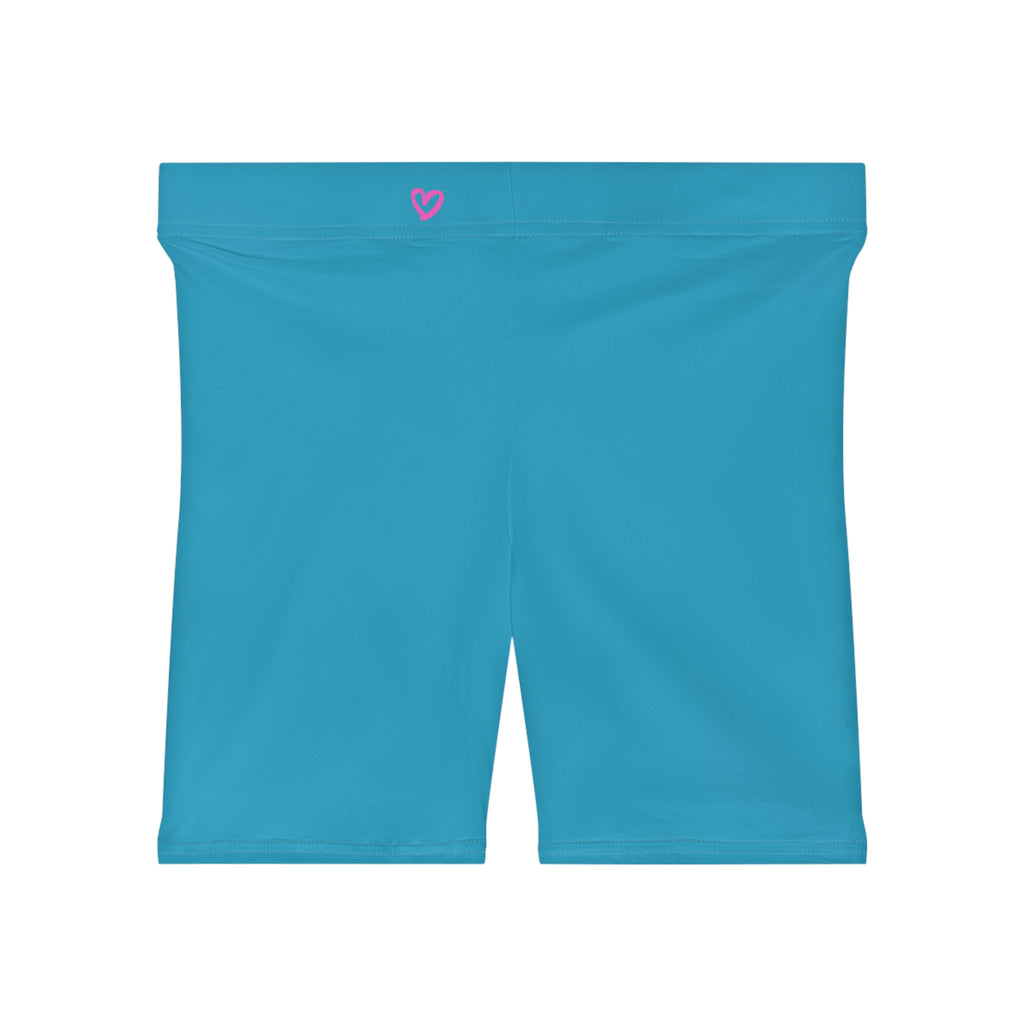 Women's Light Blue Shorts with Pink Kiss Logo — Stretchy Athleisure Cycling Shorts Pink