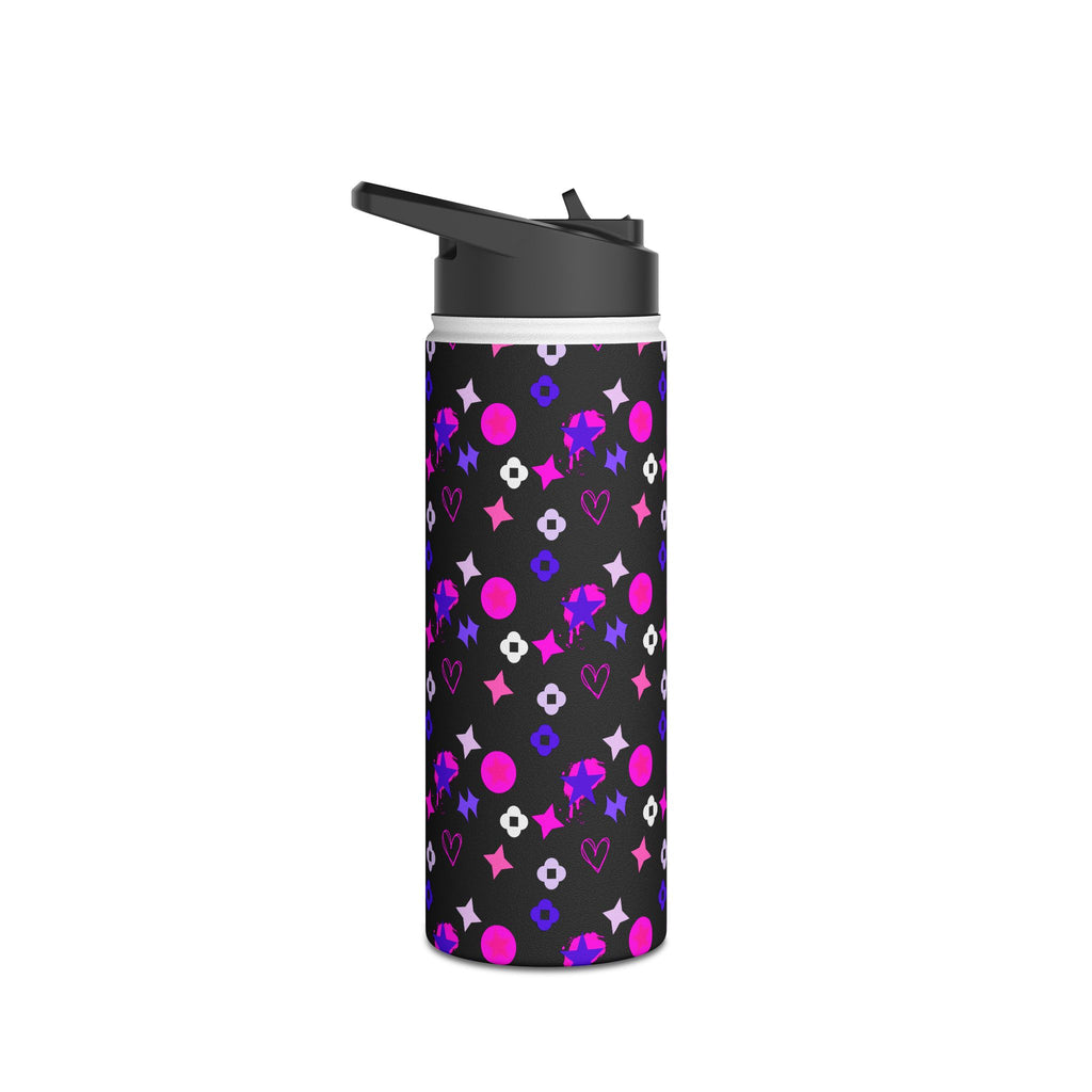 Stainless Water Bottle —Black & Pink Star, Heart & Flower Pattern