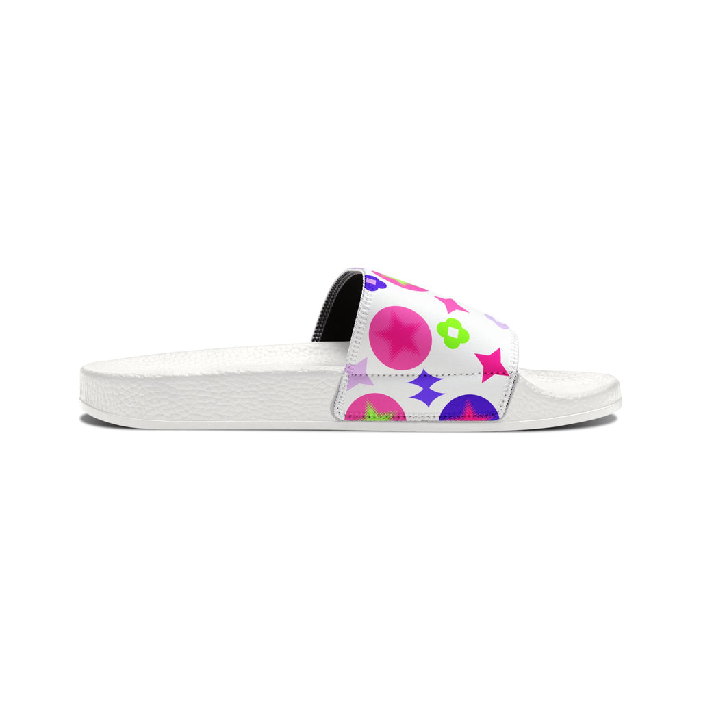 Women Slide Sandals — Pink Hearts & Lucky Stars Removable- White Striped Strap Slides
