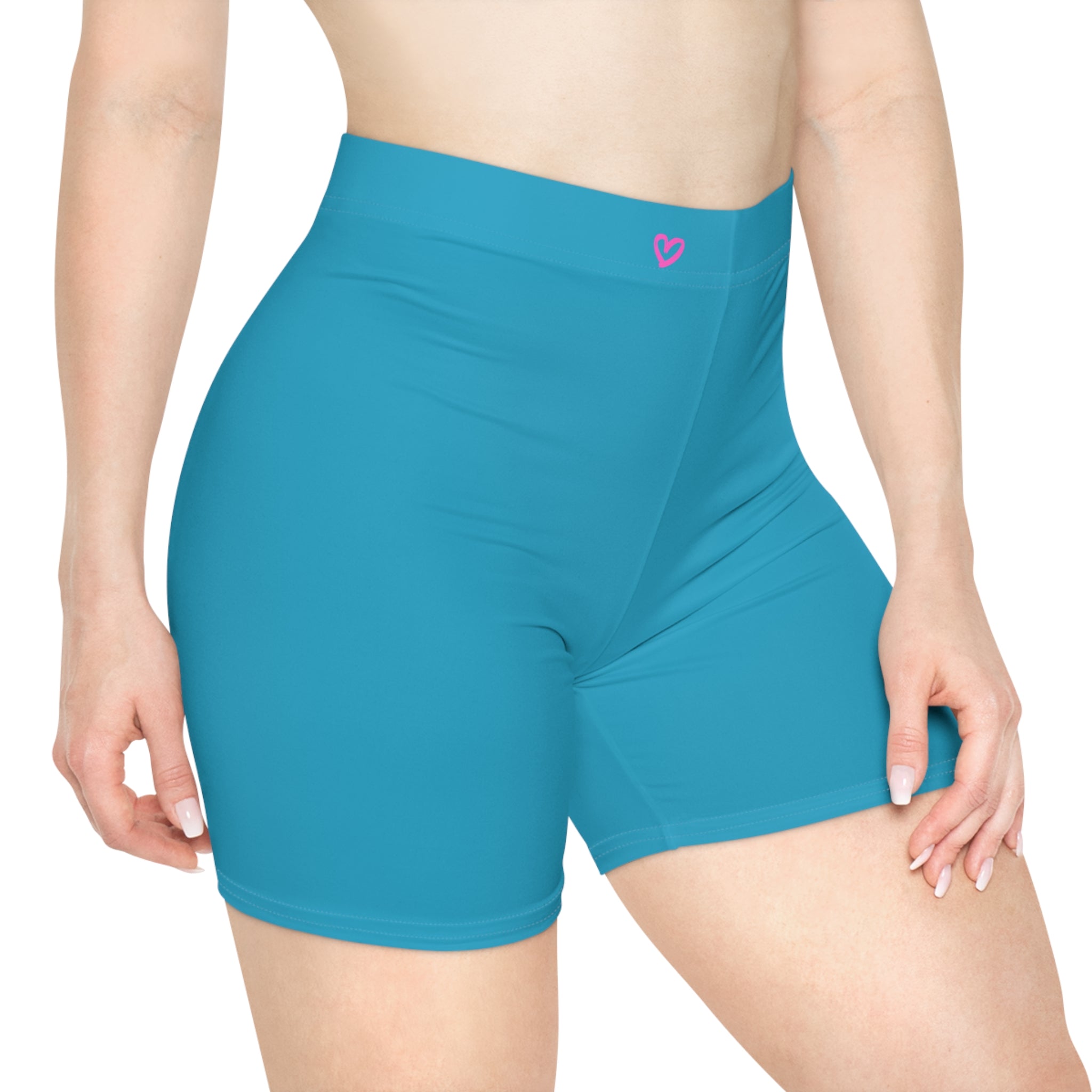Women's Light Blue Shorts with Pink Kiss Logo — Stretchy Athleisure Cycling Shorts Pink