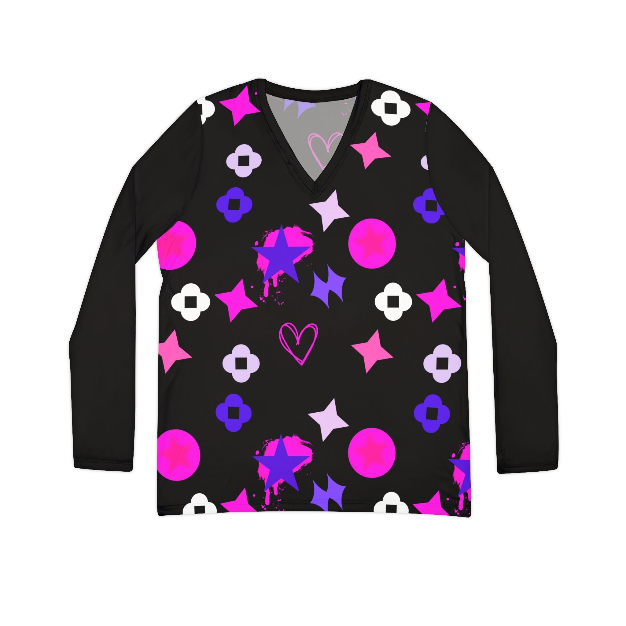 Women's V-Neck Long Sleeve Shirt —  Black Stars