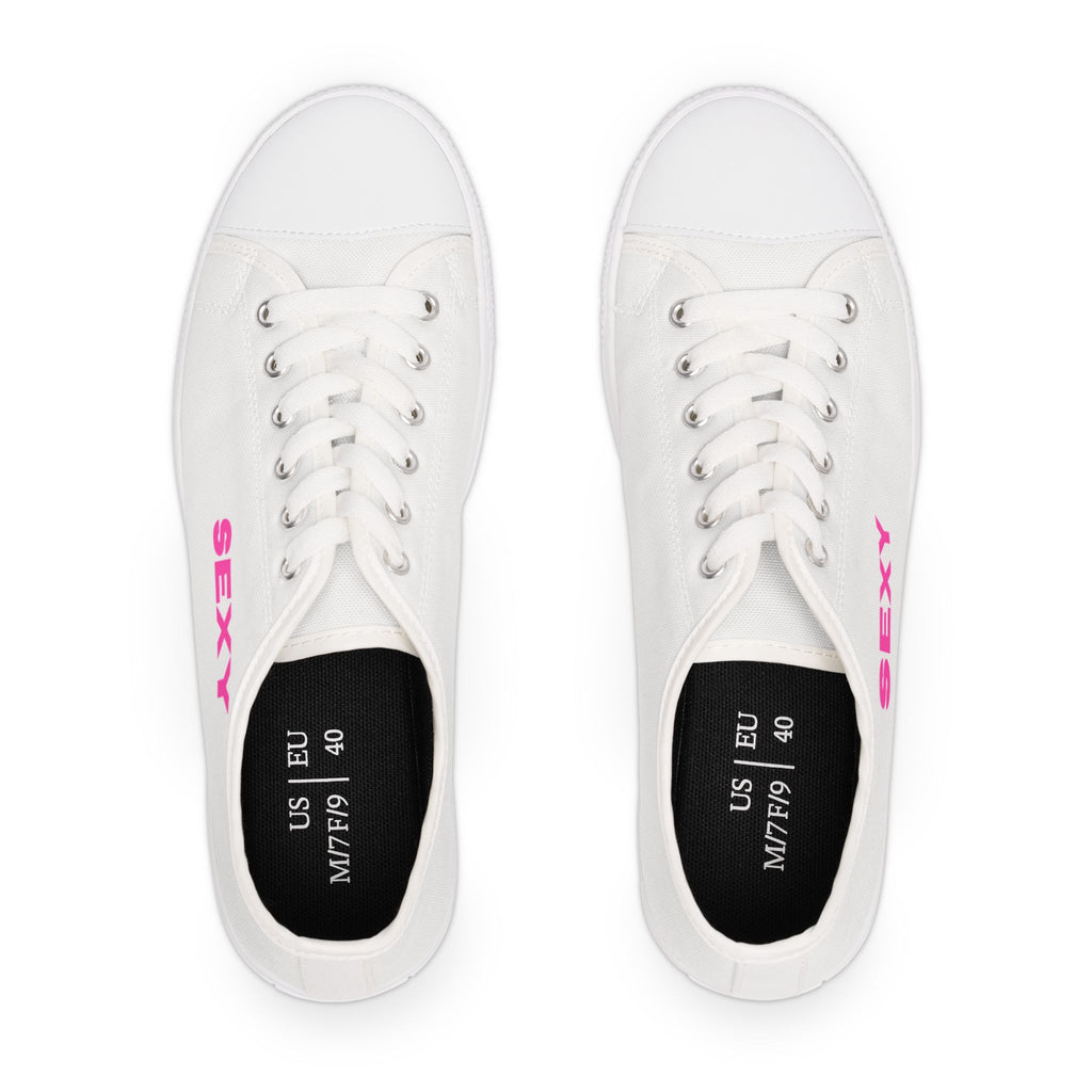White Low Top Sneakers — Black "SEXY" Embroidered Casual Shoes