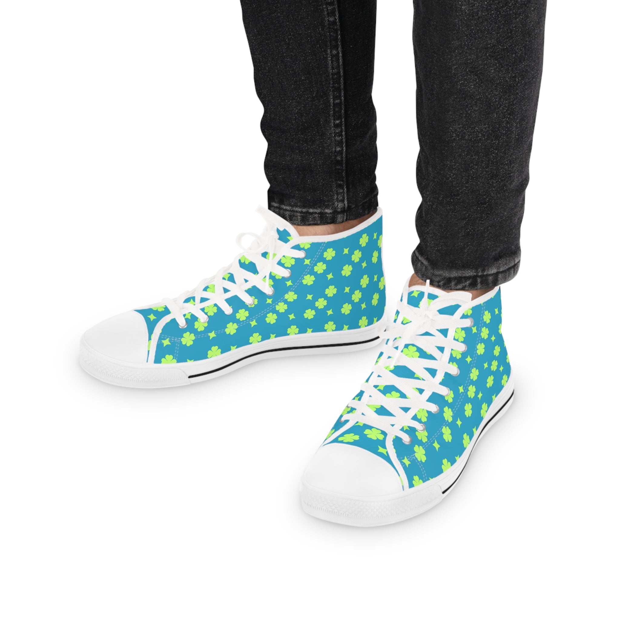 Men's High Top Sneakers Lime Green Stars On White Bottoms