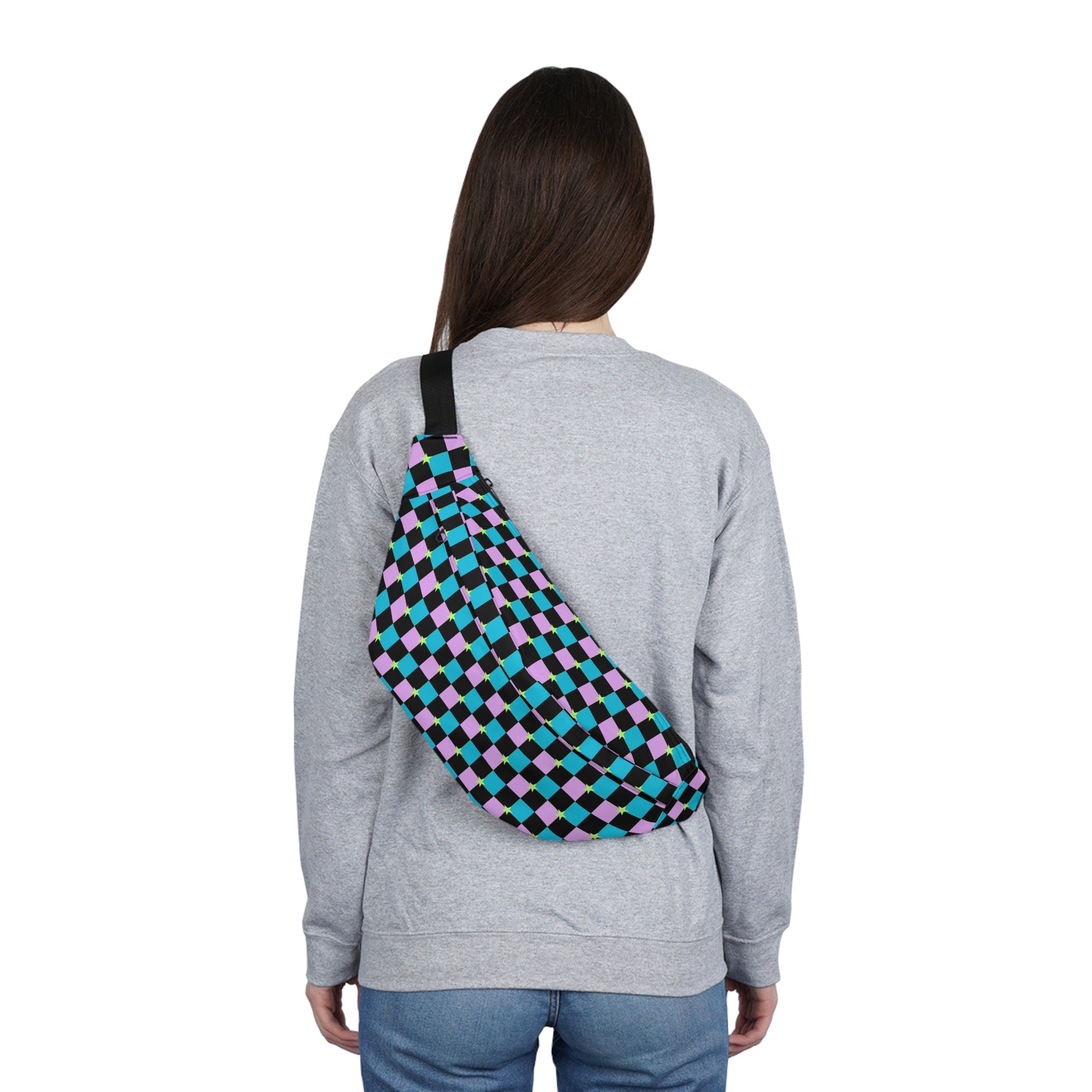 Checkered Large Fanny Pack - Baby Blue-Pink