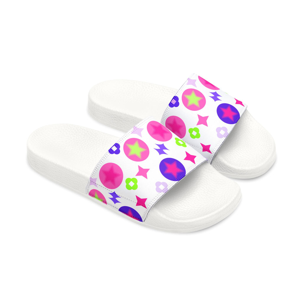Women Slide Sandals — Pink Hearts & Lucky Stars Removable- White Striped Strap Slides
