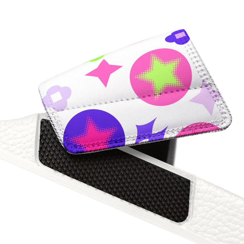 Women Slide Sandals — Pink Hearts & Lucky Stars Removable- White Striped Strap Slides