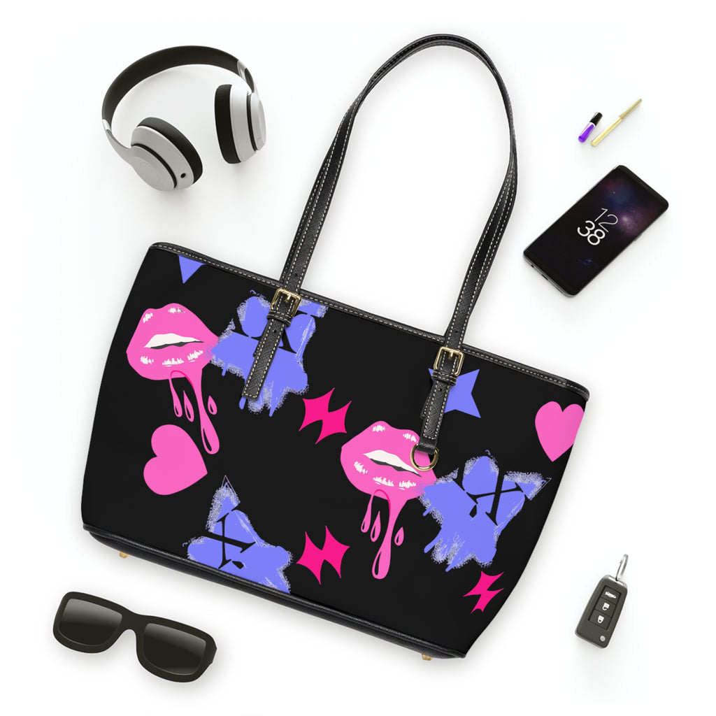 Black and Pink Lips Trendy Leather Shoulder Bag