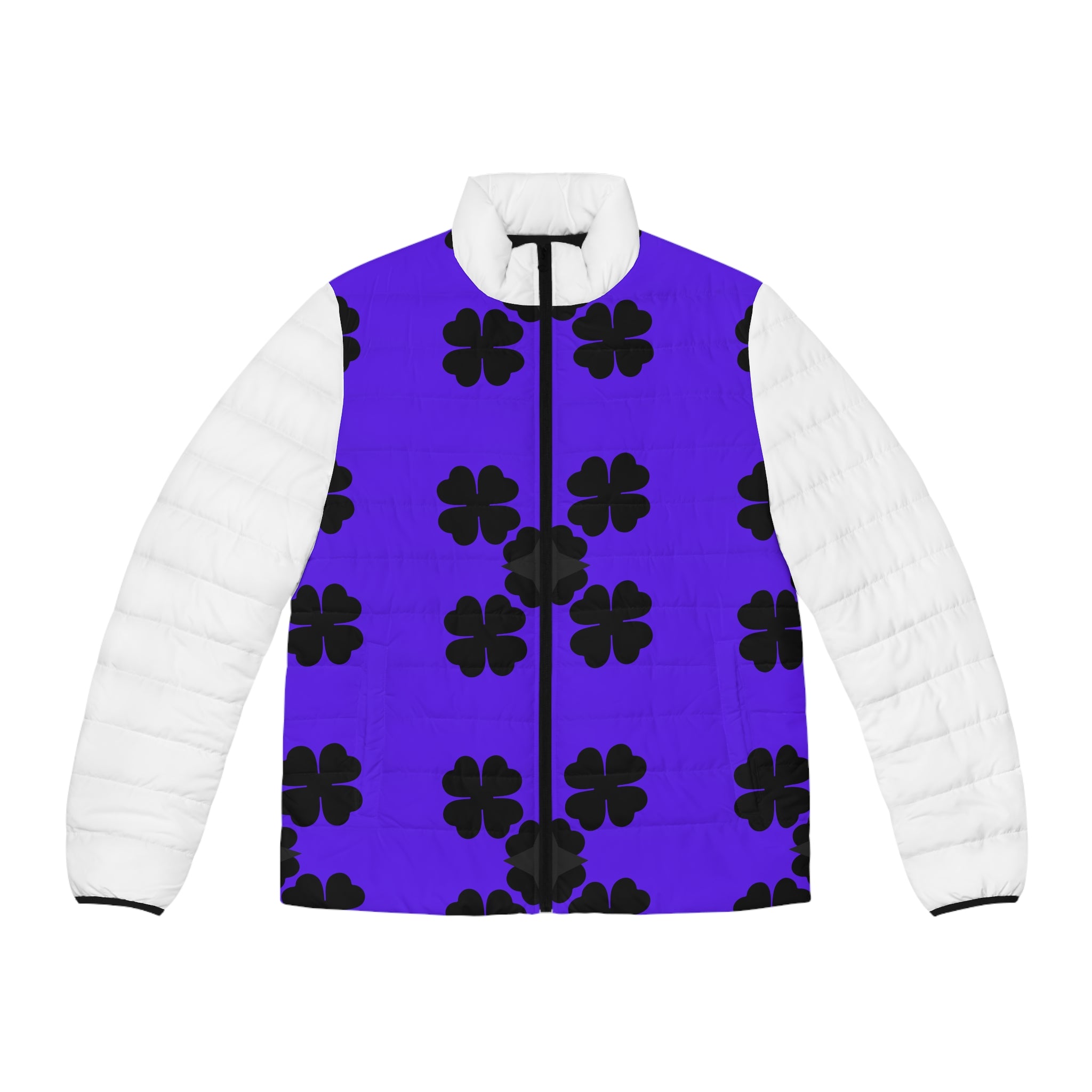 Men's Purple Clover Puffer Jacket — Black Four-Leaf Pattern