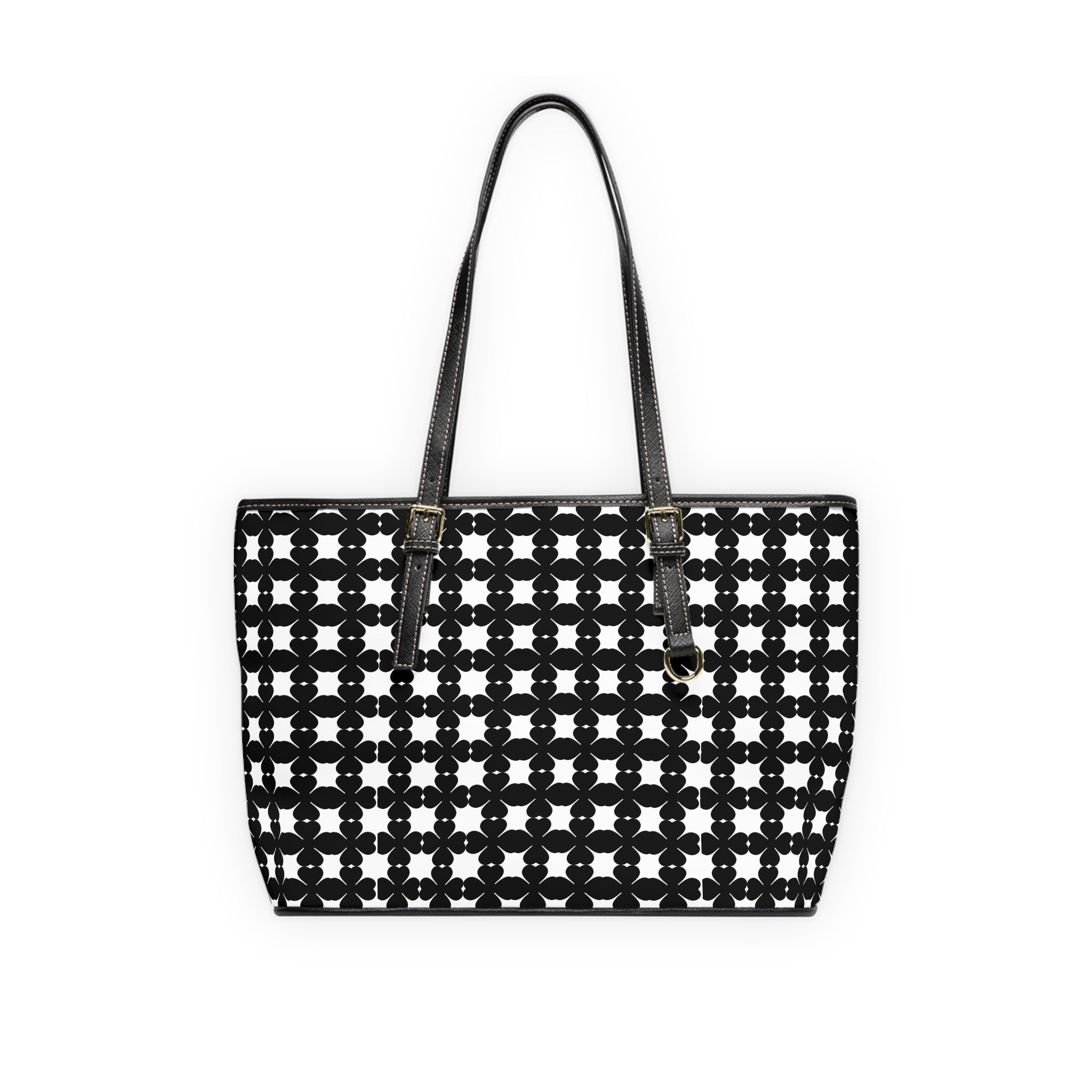Black & White Geometric PU Leather Shoulder Bag — Floral Tile Pattern Tote