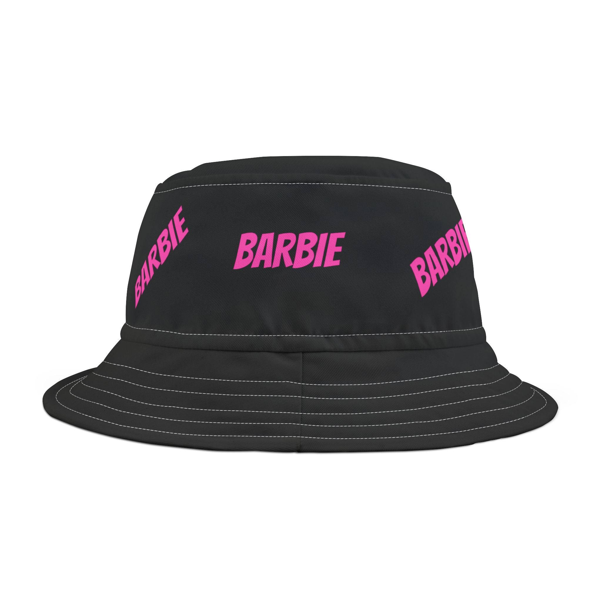 Barbie Pink Patchwork Black Bucket Hat — Retro Logo Sun Hat
