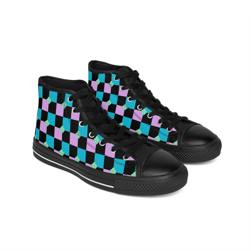 Vibrant Pink Baby Blue Checkerboard High-Top Sneakers