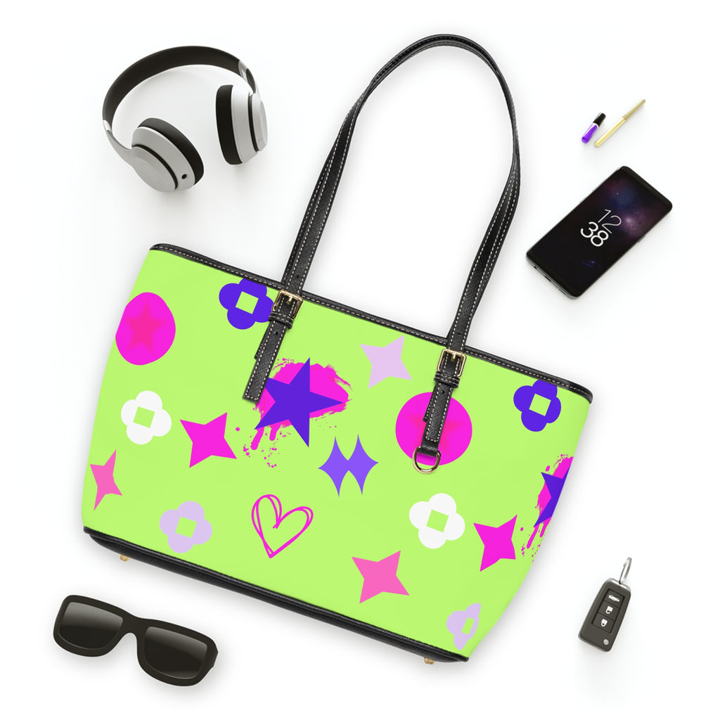 Neon Shoulder Bag — Lime Green Graffiti Stars Tote