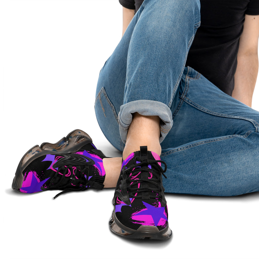 Men's Black  Mesh Sneakers — Neon Purple & Pink Star Streetwear Running Shoes limited