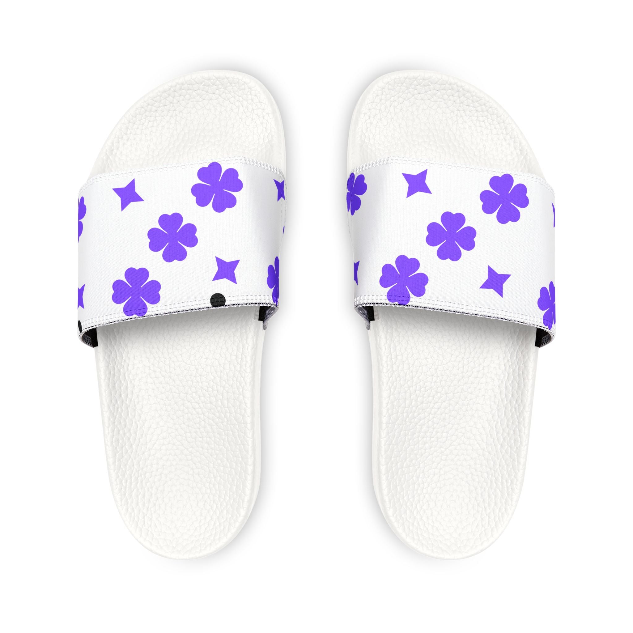 Women Slide Sandals — Purple Hearts & Stars Removable- White Striped Strap Slides