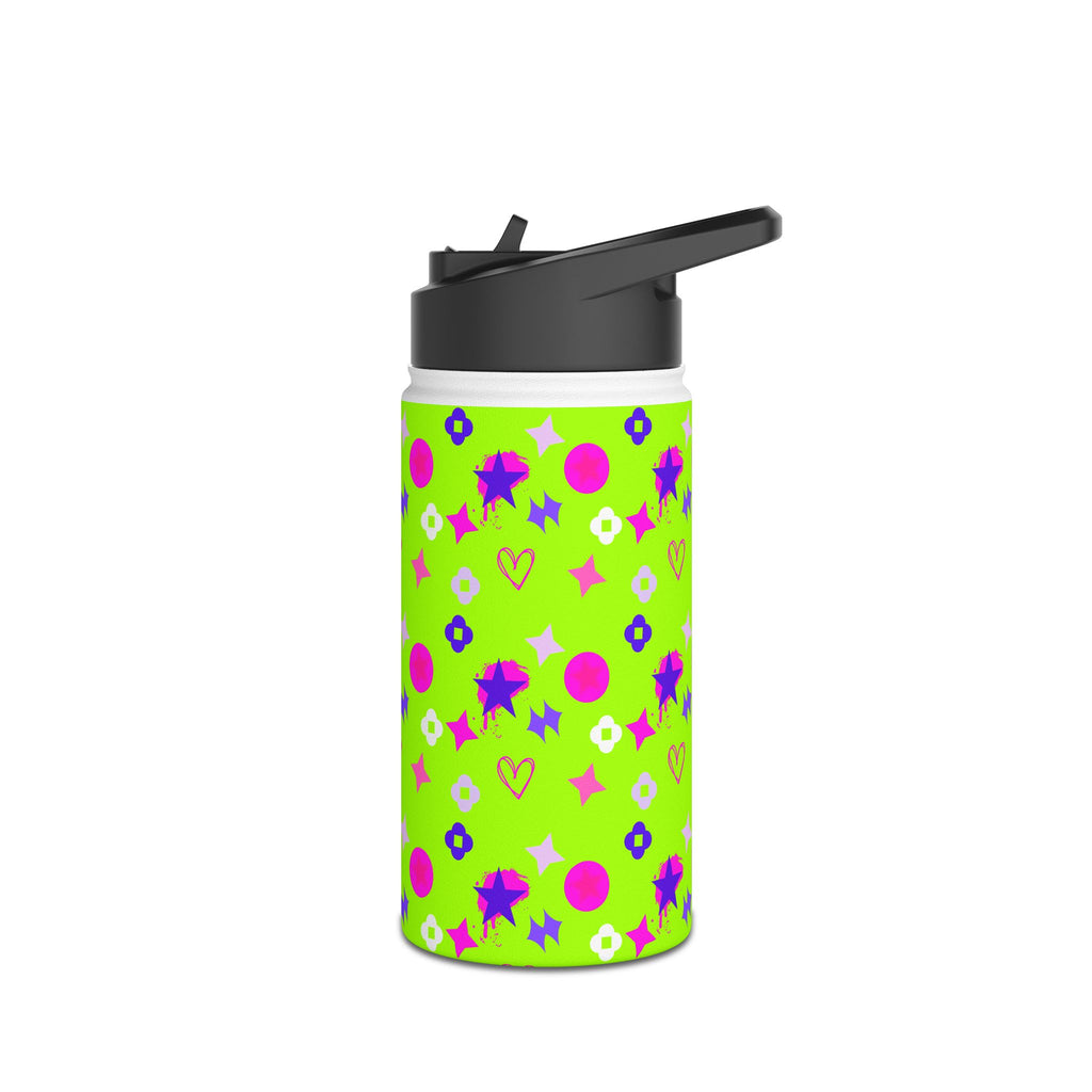 Stainless Water Bottle —  Star, Heart Lime Green