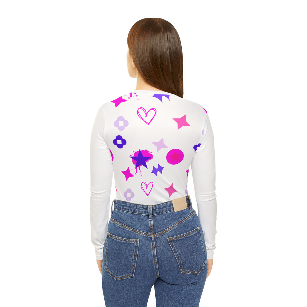 Women's V-Neck Long Sleeve Shirt — Pink & Purple Star, Heart & Dot All-Over Print
