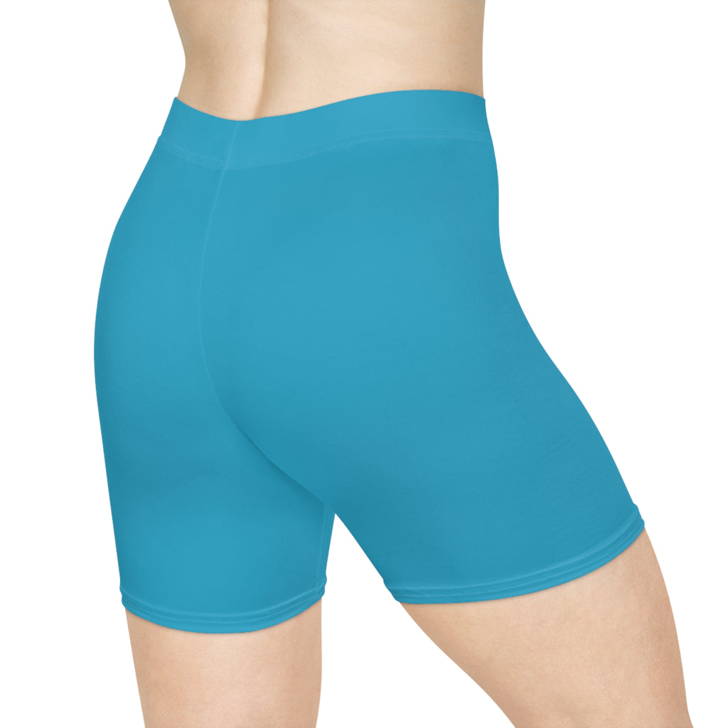 Women's Light Blue Shorts with Pink Kiss Logo — Stretchy Athleisure Cycling Shorts Pink
