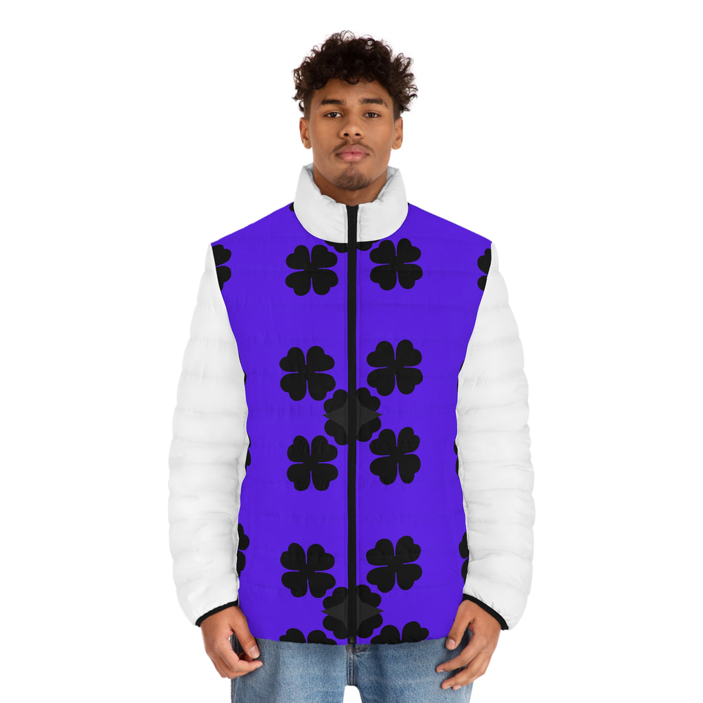 Men's Purple Clover Puffer Jacket — Black Four-Leaf Pattern