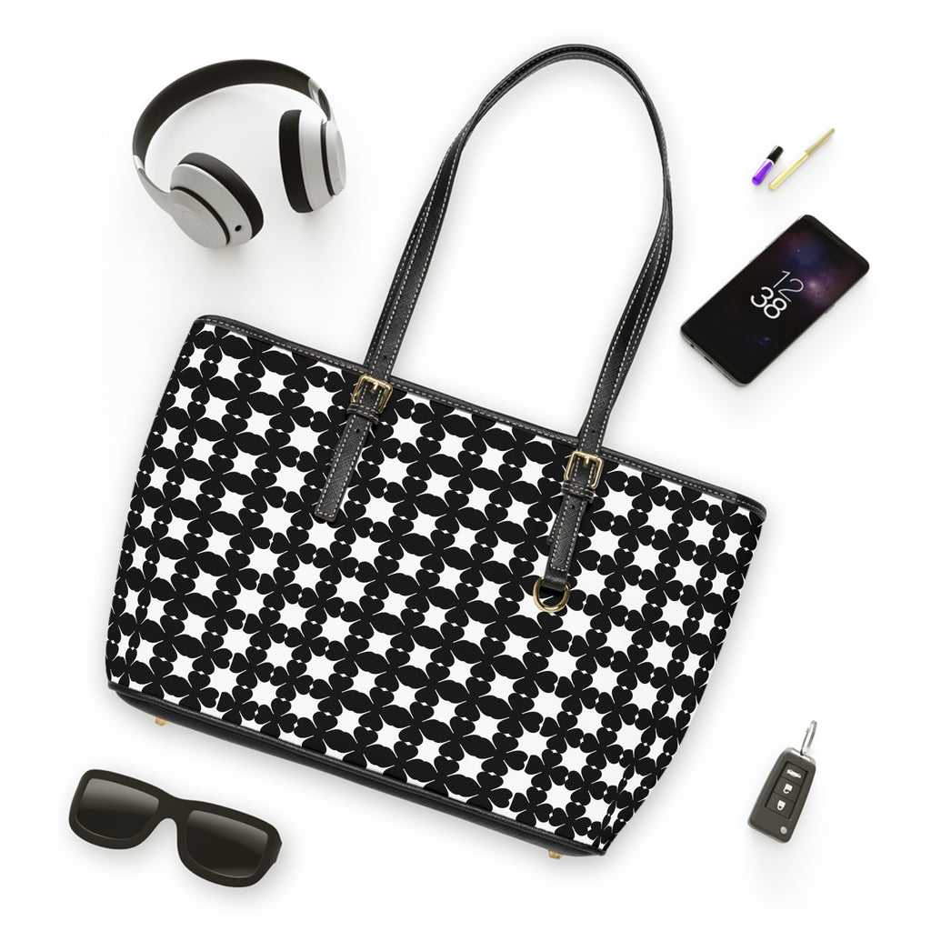 Black & White Geometric PU Leather Shoulder Bag — Floral Tile Pattern Tote