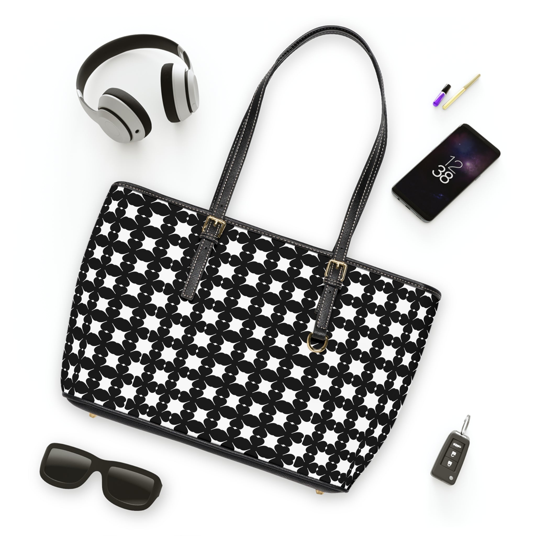 Black & White Geometric PU Leather Shoulder Bag — Floral Tile Pattern Tote