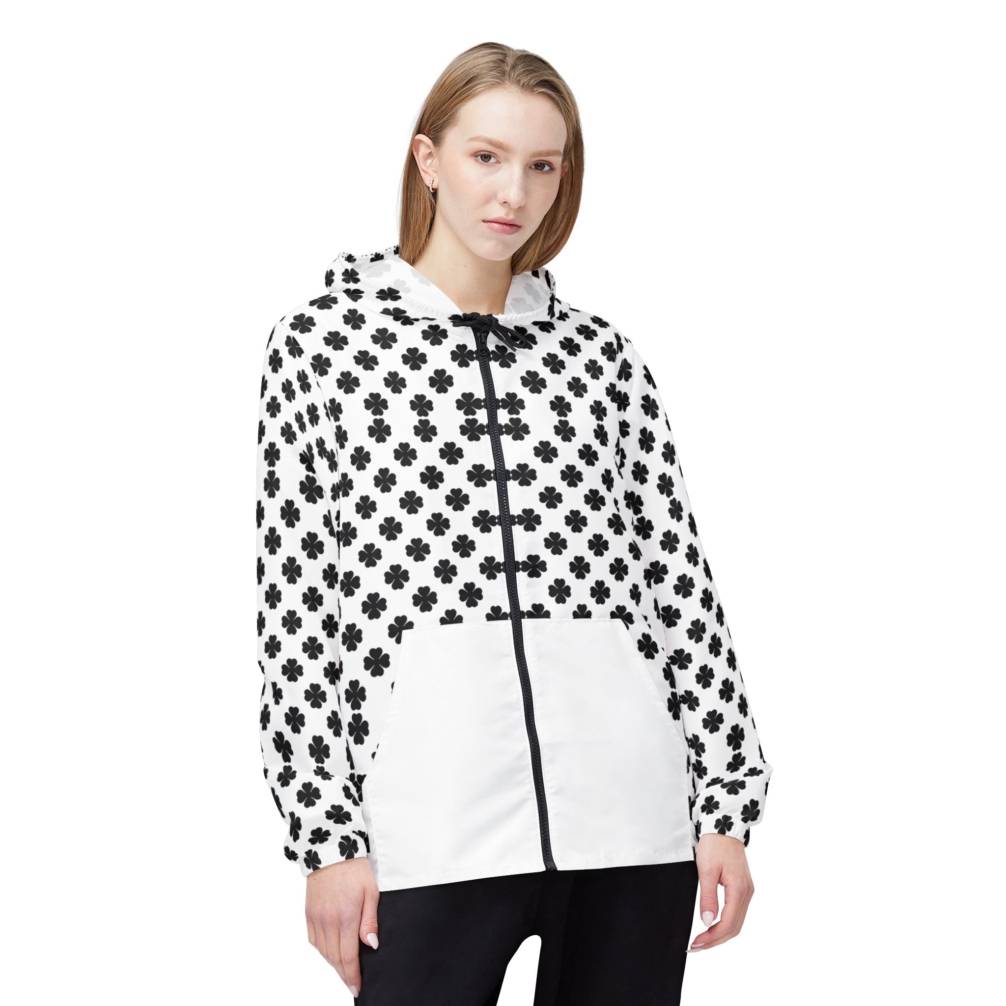 Black & White Clover Pattern Windbreaker Jacket — Hooded