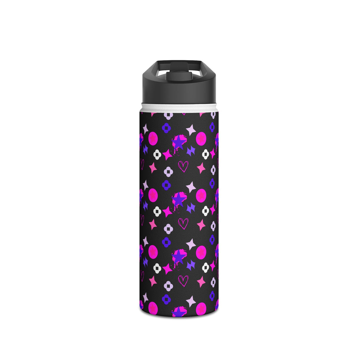 Stainless Water Bottle —Black & Pink Star, Heart & Flower Pattern