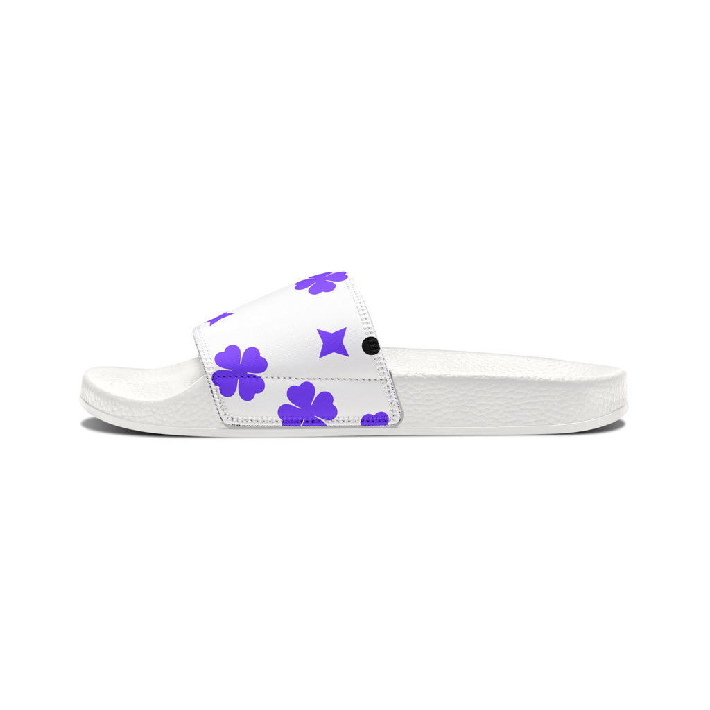 Women Slide Sandals — Purple Hearts & Stars Removable- White Striped Strap Slides