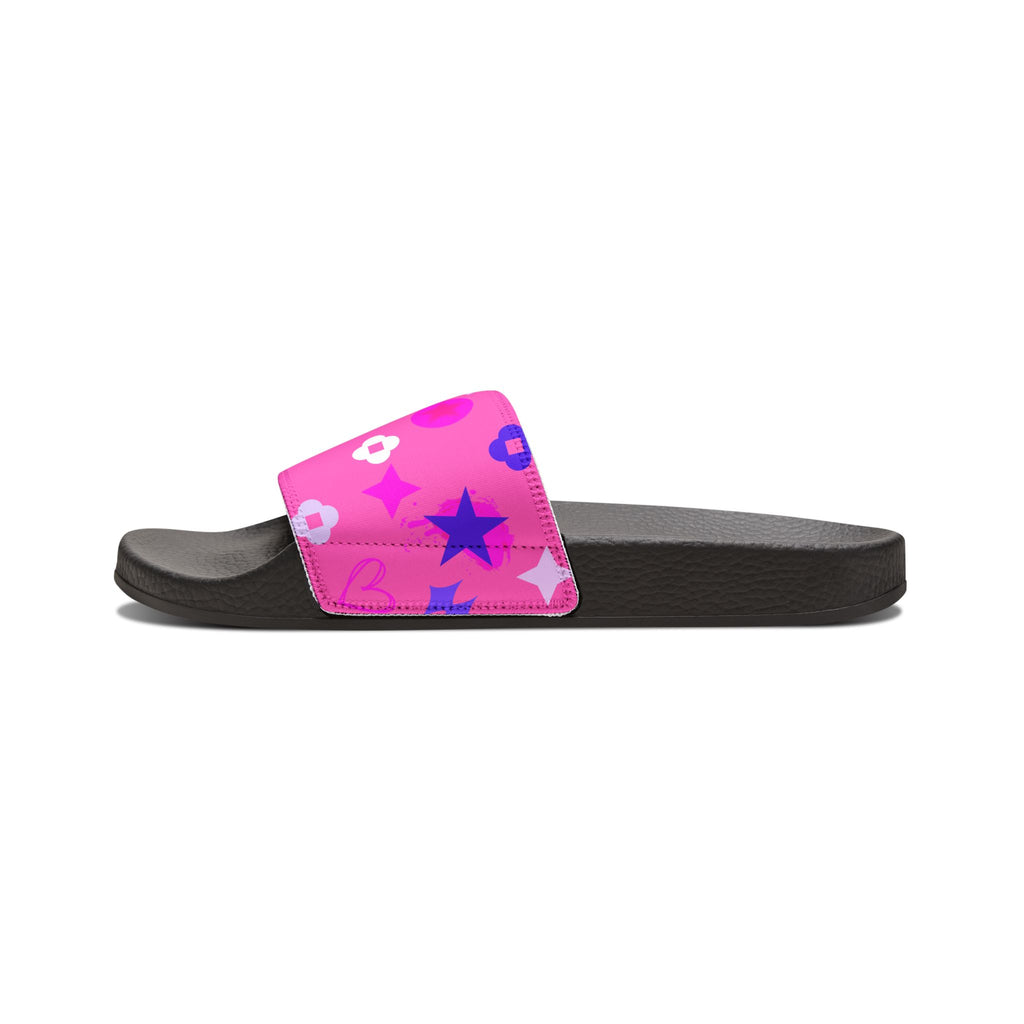 Women's Pink Star & Floral Slide Sandals – Removable Strap Casual Pool Slides
