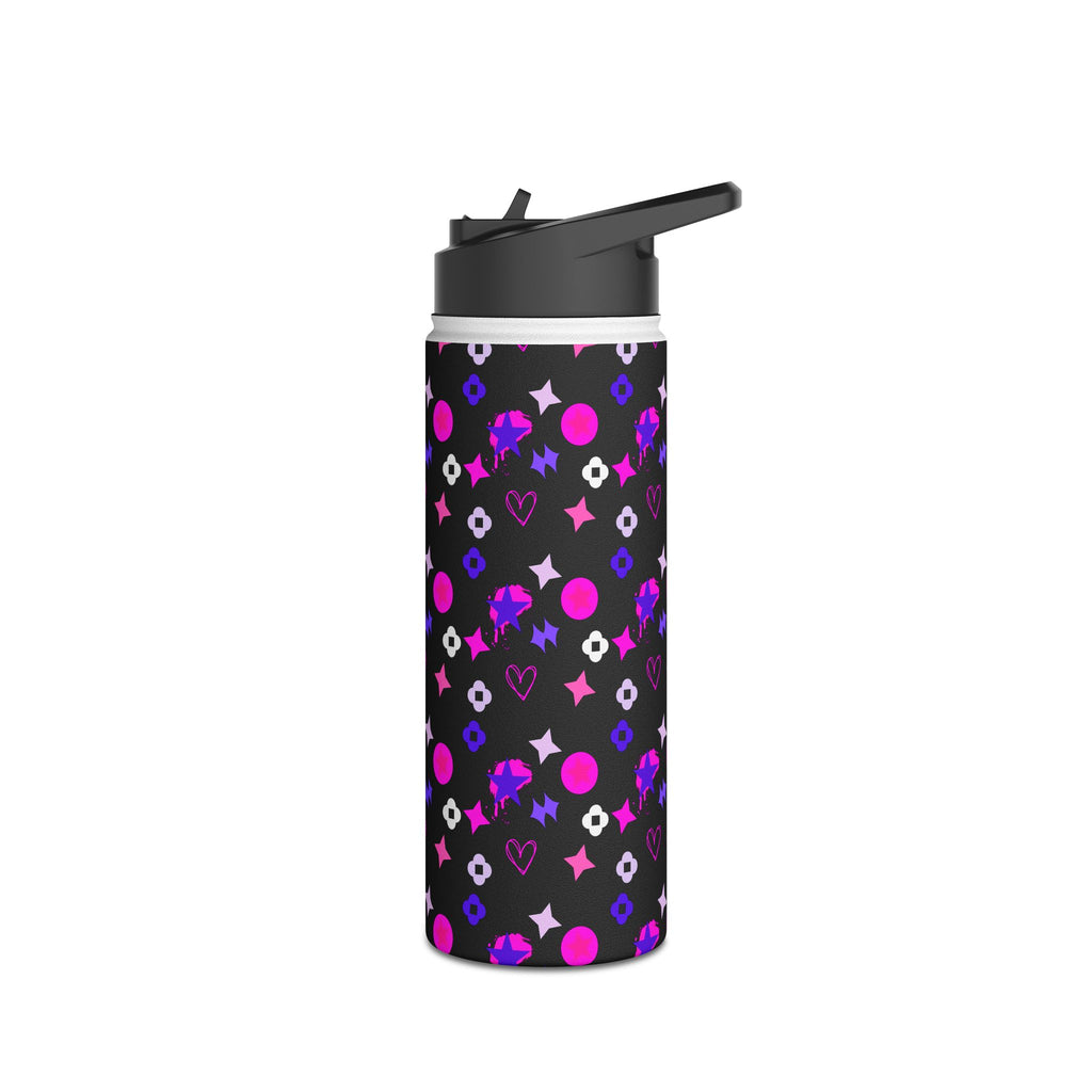 Stainless Water Bottle —Black & Pink Star, Heart & Flower Pattern
