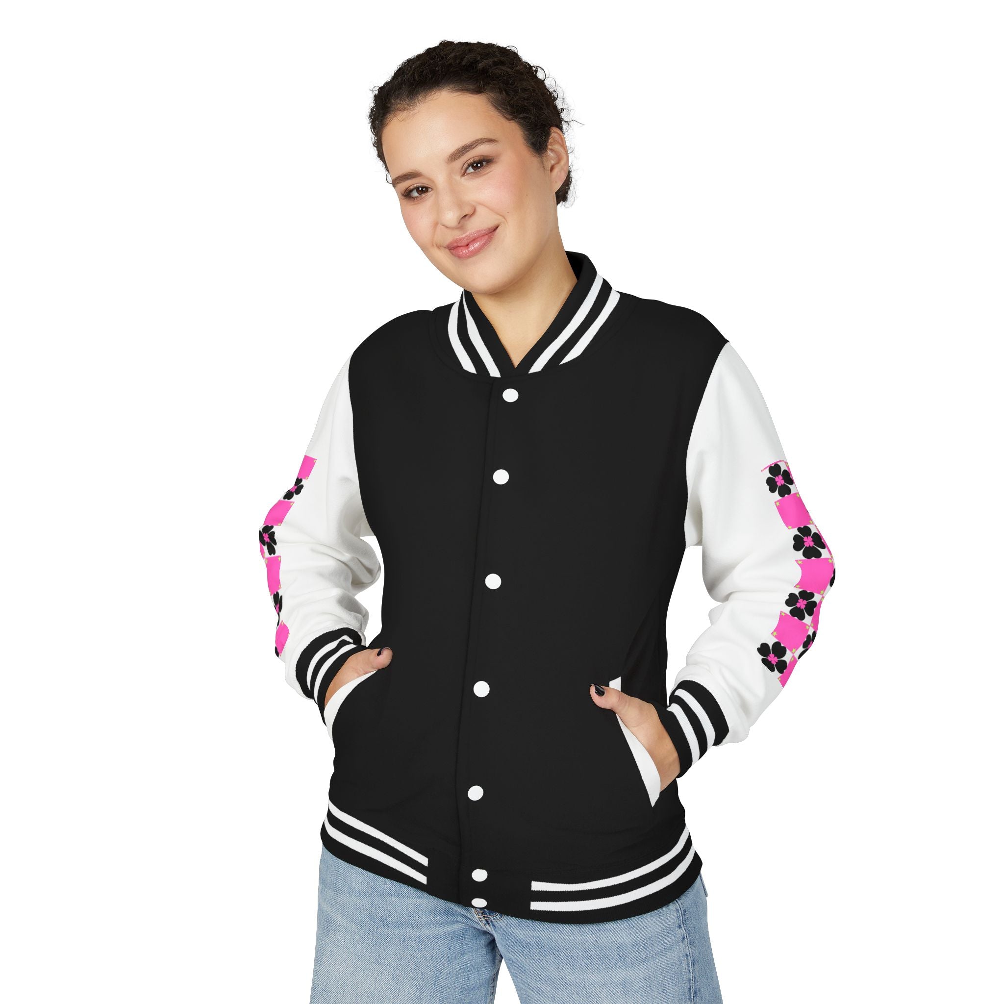 Women Jacket — Pink Checker Flower Sleeve Varsity Jacket