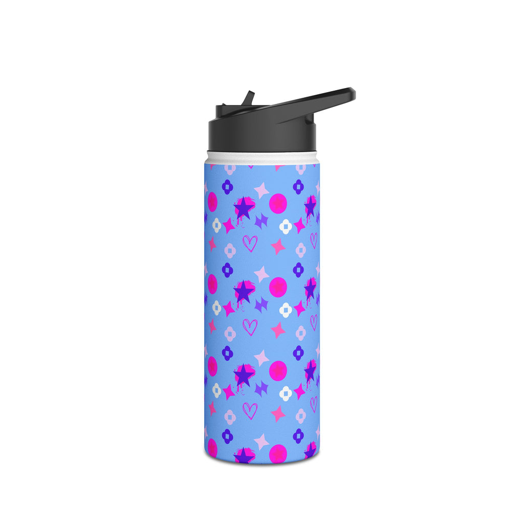 Stainless Water Bottle —Black & Pink Star, Heart & Flower Pattern