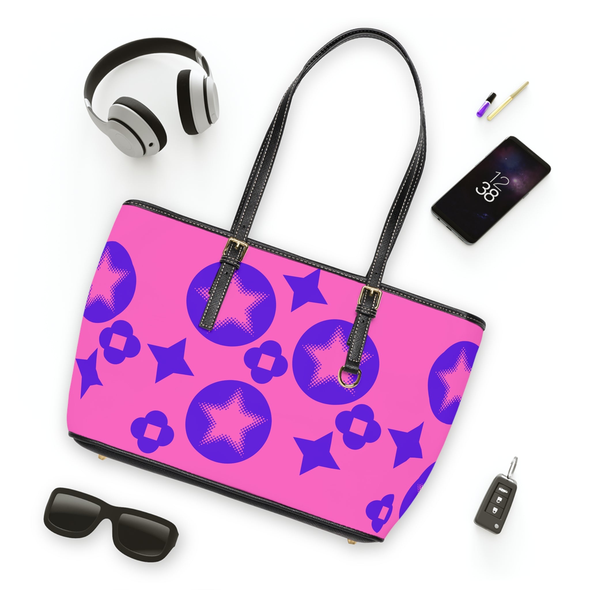 Vibrant Pink Leather Shoulder Bag with Stars
