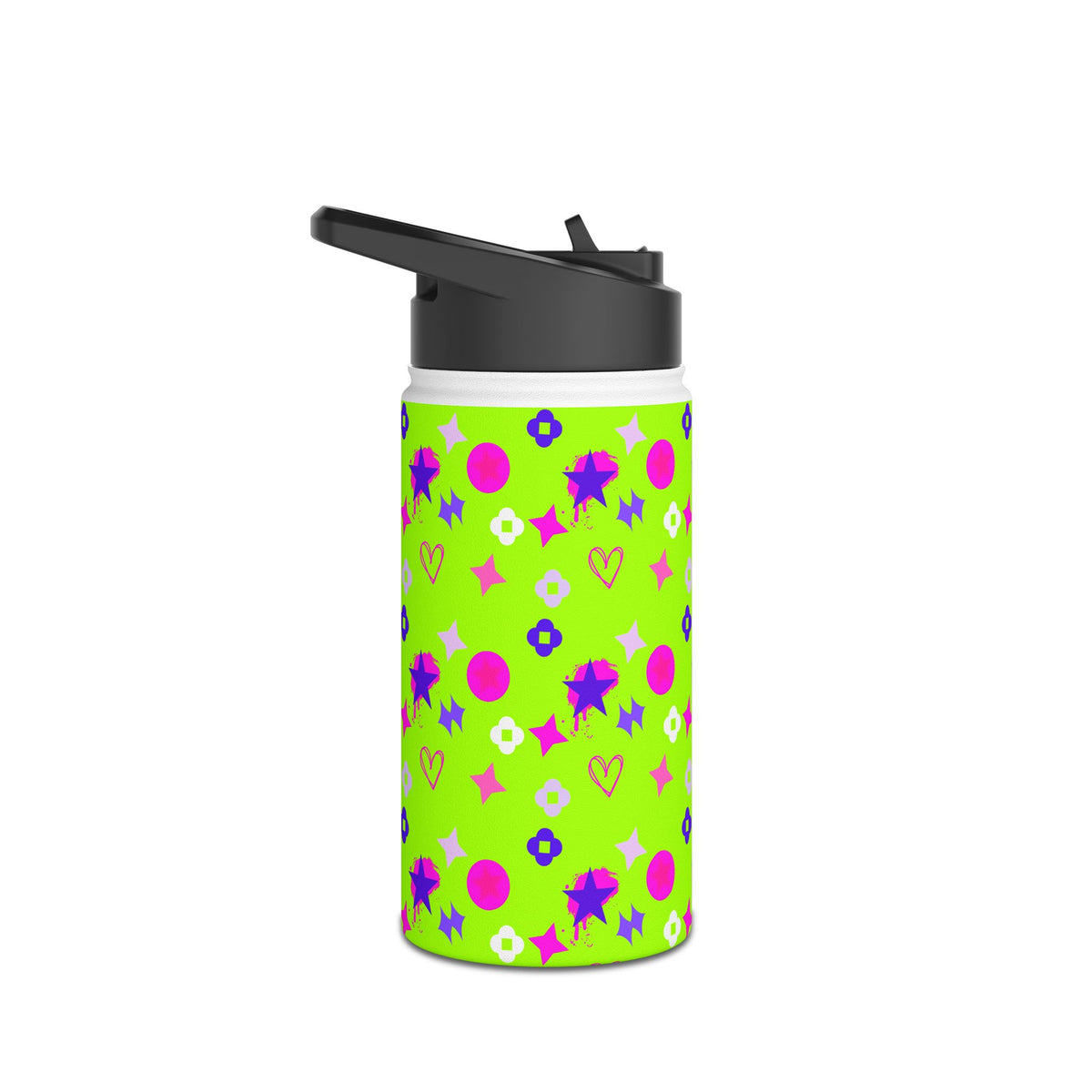 Stainless Water Bottle —  Star, Heart Lime Green