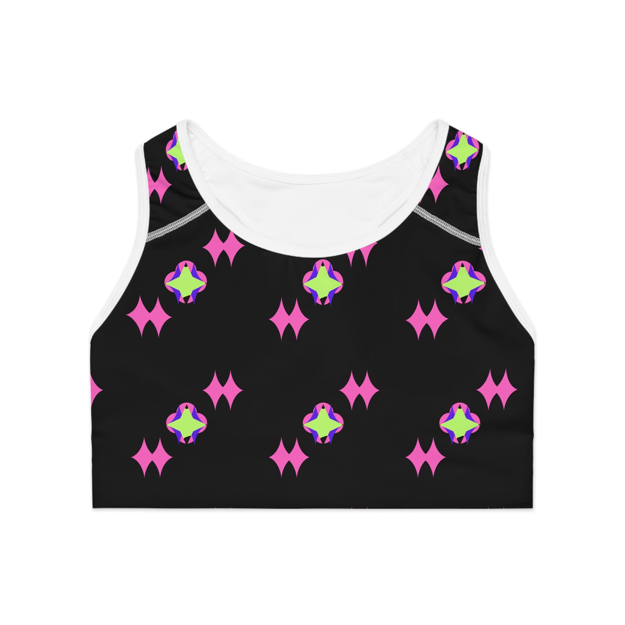 Black Pink Starburst Sports Bra — Neon Retro Pattern Activewear