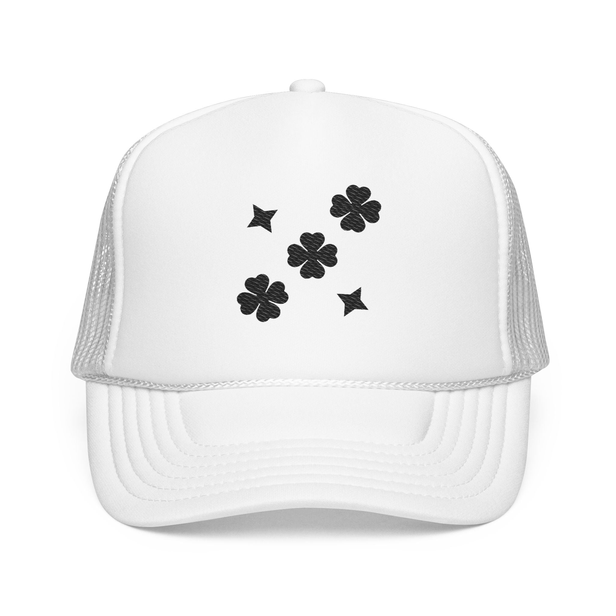 Black Embroidered Clover Lucky Hat On White