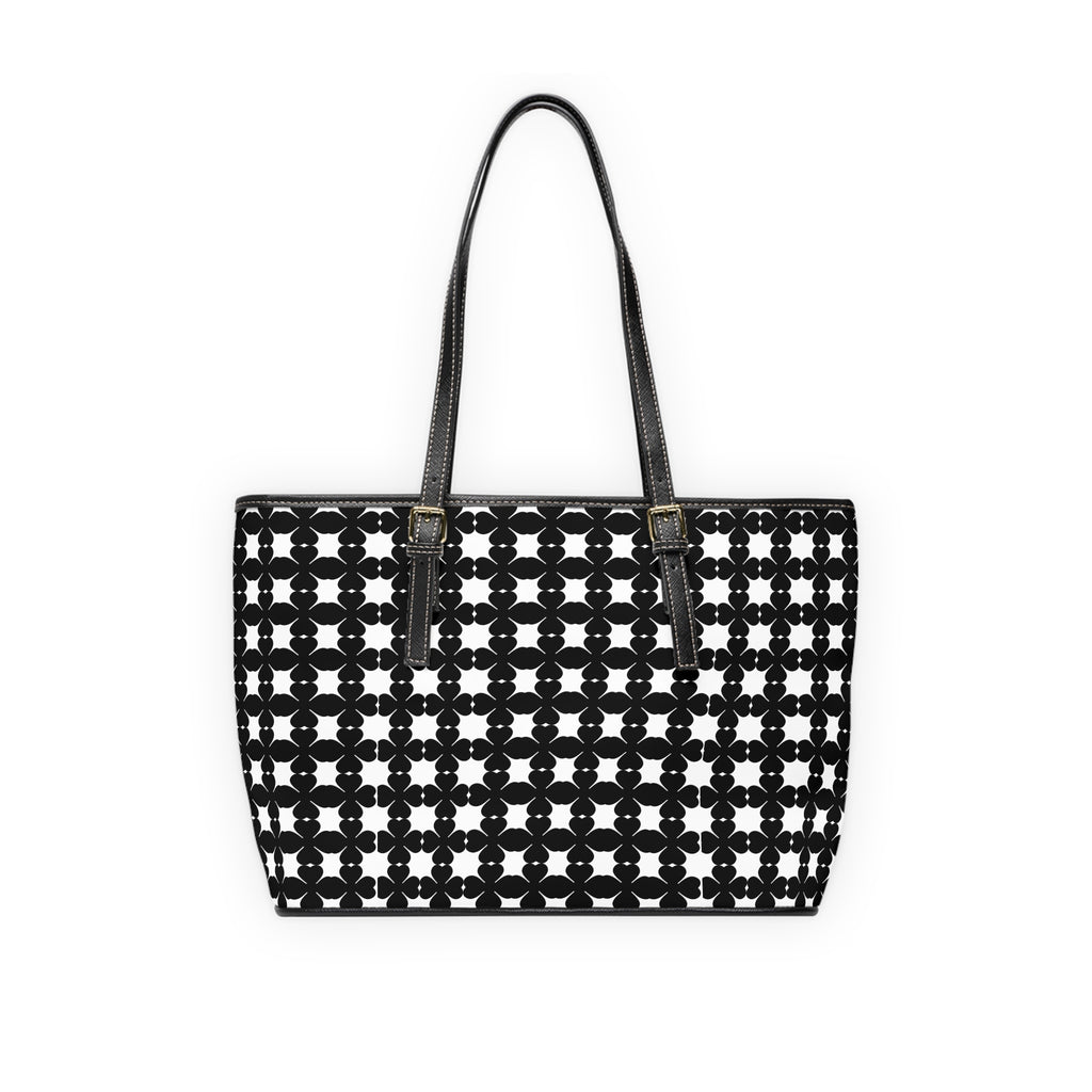 Black & White Geometric PU Leather Shoulder Bag — Floral Tile Pattern Tote