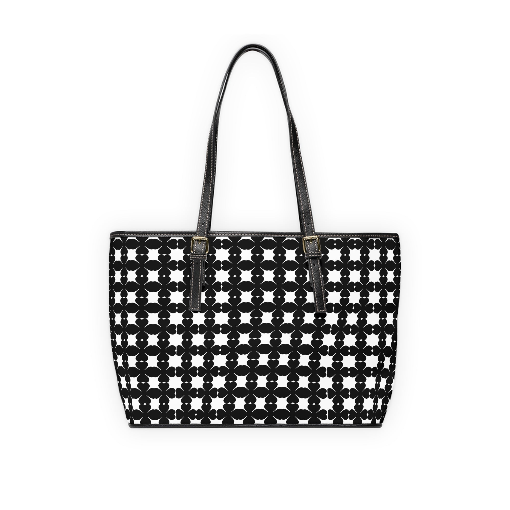 Black & White Geometric PU Leather Shoulder Bag — Floral Tile Pattern Tote