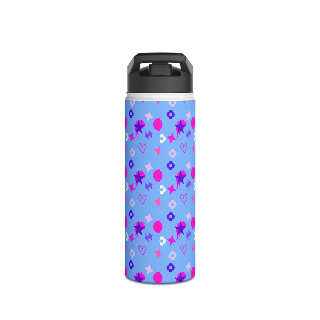 Stainless Water Bottle —Black & Pink Star, Heart & Flower Pattern