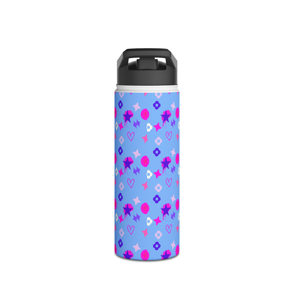 Stainless Water Bottle —Black & Pink Star, Heart & Flower Pattern