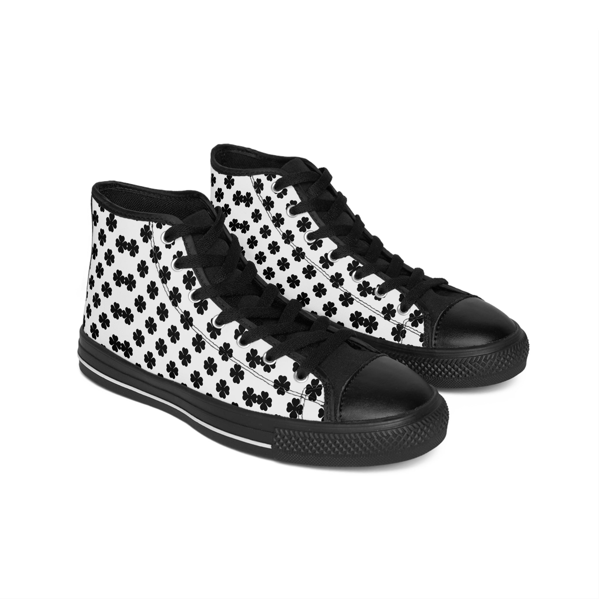 Women's Classic Sneakers — Black & White Clover Pattern High-Top  Shoes