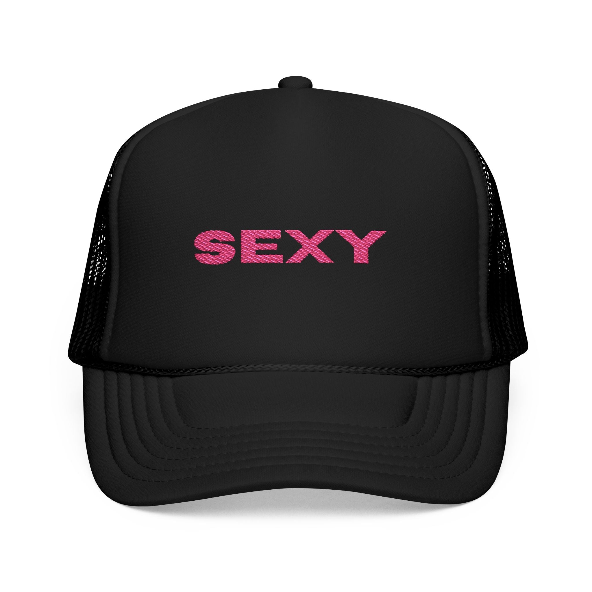 Sexy Embroidered Trucker Hat — Pink Text Foam Cap