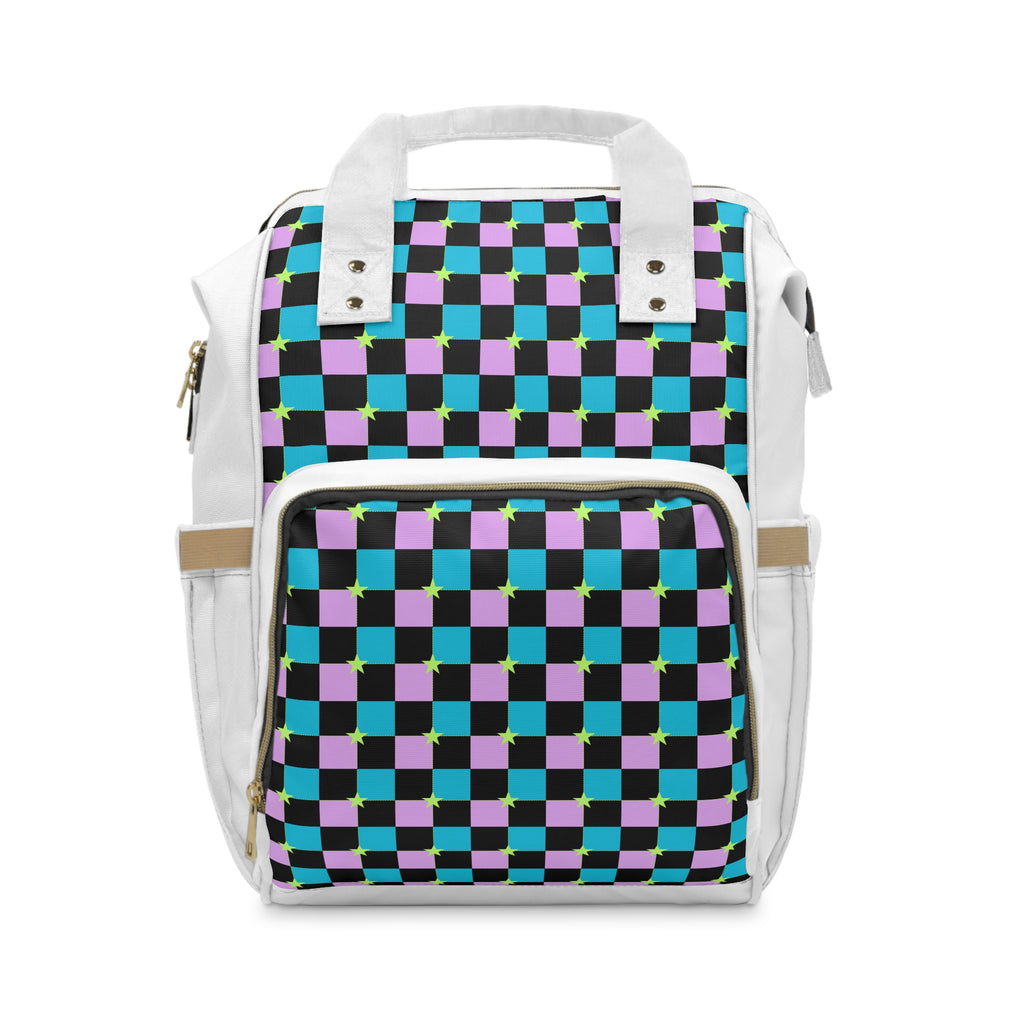 Multifunctional Backpack in Colorful Checkered Pink Blue Green