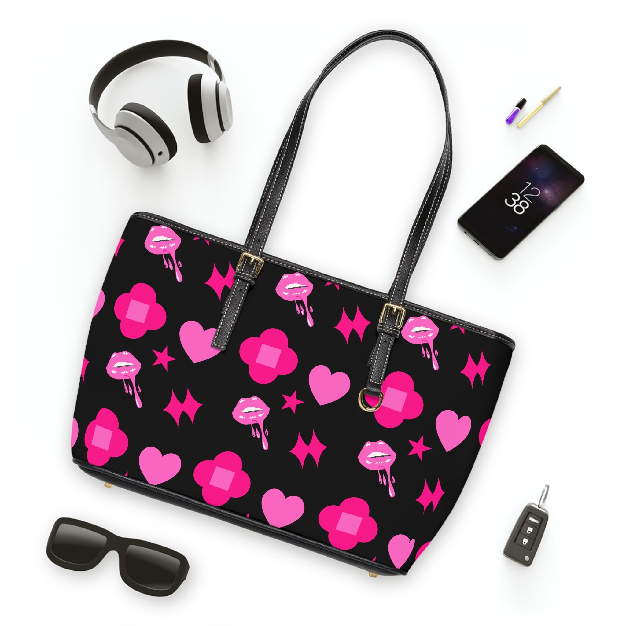 Black Love Patterned Leather Shoulder Bag