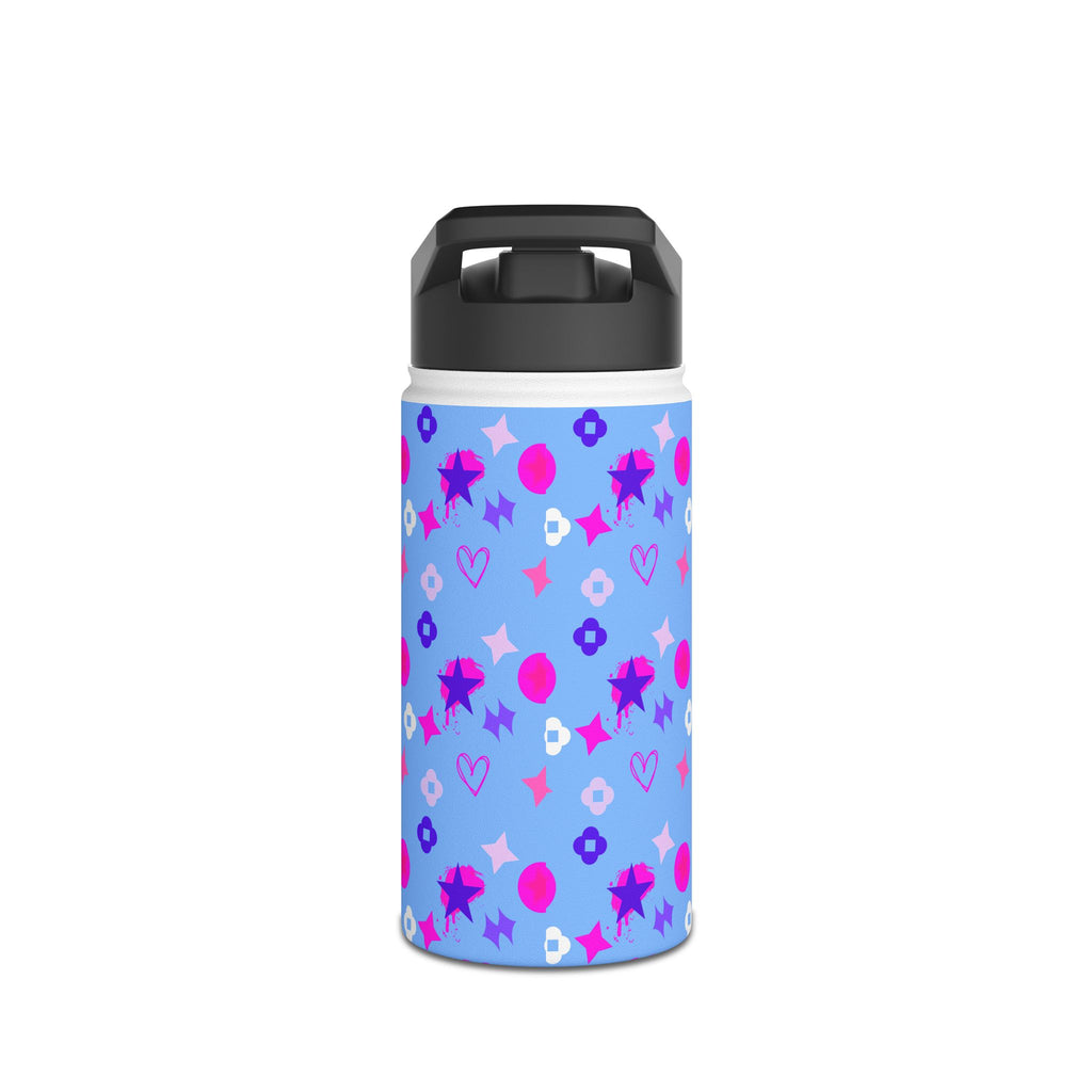 Stainless Water Bottle —Black & Pink Star, Heart & Flower Pattern