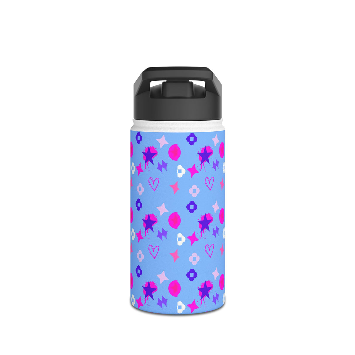 Stainless Water Bottle —Black & Pink Star, Heart & Flower Pattern