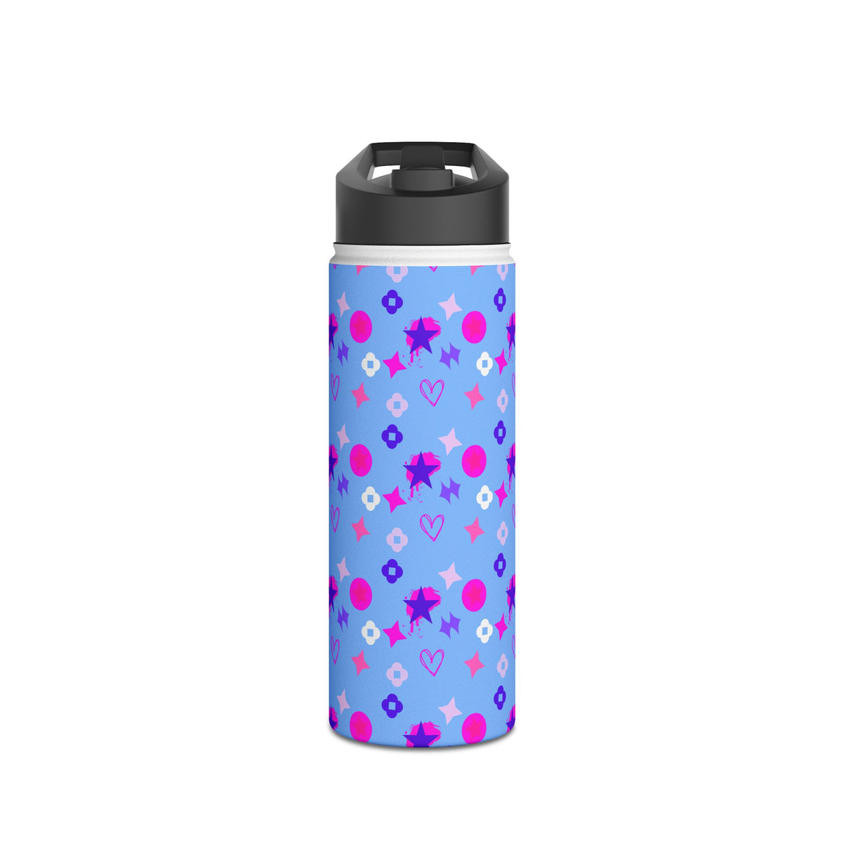 Stainless Water Bottle —Black & Pink Star, Heart & Flower Pattern