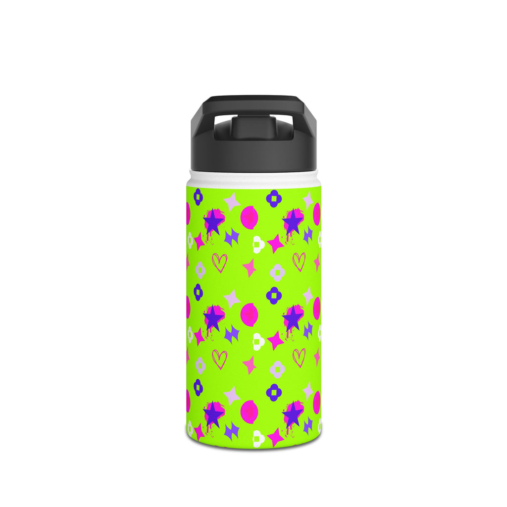 Stainless Water Bottle —  Star, Heart Lime Green