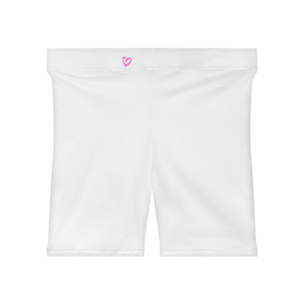 Women's White Shorts with Pink Kiss Logo — Stretchy Athleisure Cycling Shorts