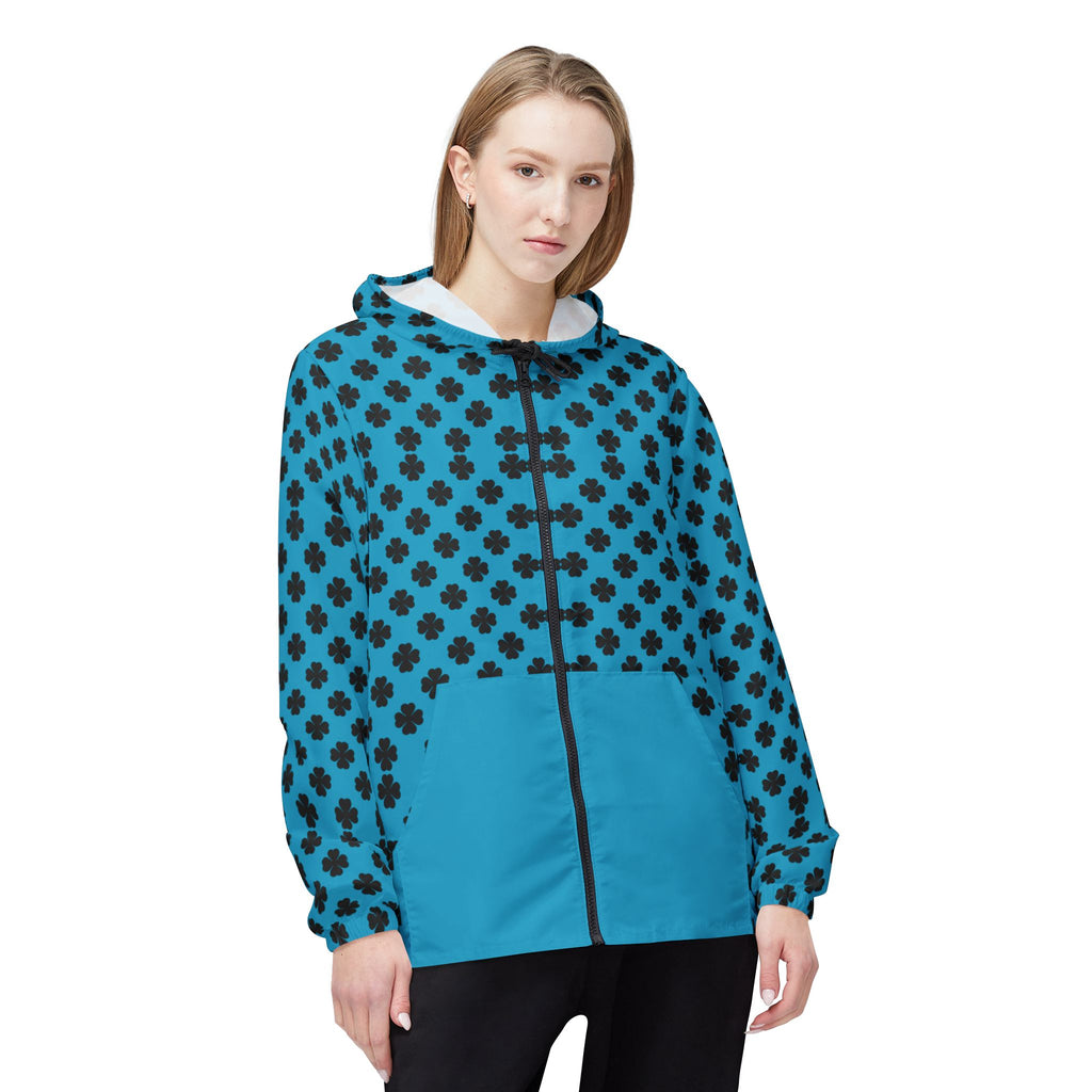 Blue Clover Pattern Windbreaker Jacket — Hooded